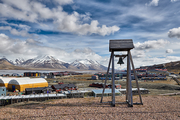 old bell tower in front of Longyearbyen