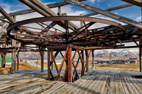 old wooden and rusty construction of a cable car for coal mining