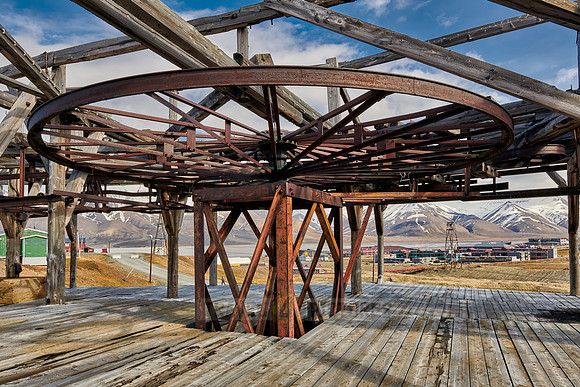 old wooden and rusty construction of a cable car for coal mining