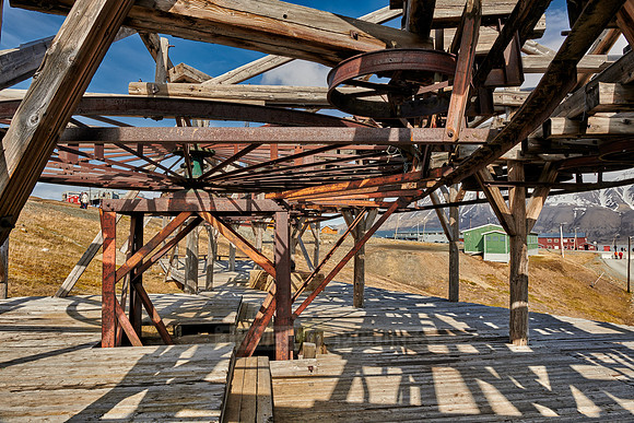 old wooden and rusty construction of a cable car for coal mining