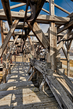 old wooden and rusty construction of a cable car for coal mining