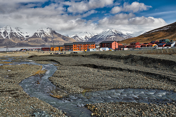 river, village Longyearbyen and landscape