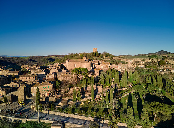 drone shot of medieval town Monticchiello