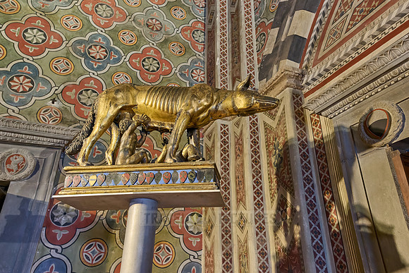 statue of wolf with Romulus and Remus, interior shot of Palazzo Pubblico
