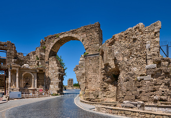 The Arch of the Inner Gate with Vespasian Fountain in ruins of the Roman city of Side
