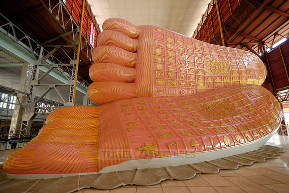 feet with letters on lying reclining Buddha, Yangon