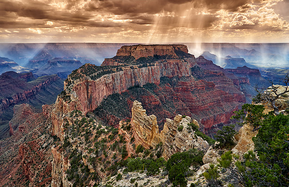 thunderstorm and sun beams over Grand Canyon