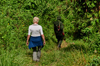 Tourist and Ranger walking through forest down to Lake Empakaai