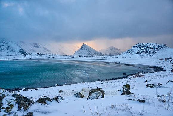 winter landscape with sea and mountains at Sandbotnen, Lofoten