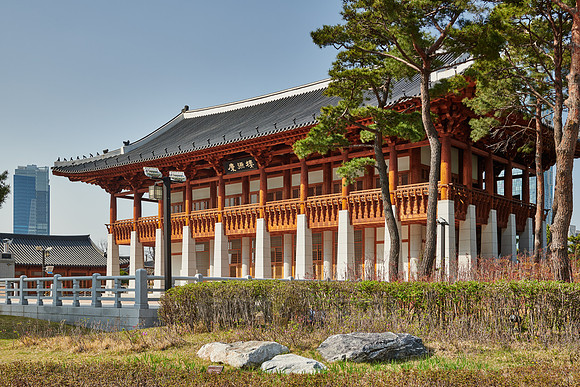 Traditional Korean style hanok architecture at Central Park in Songdo International Business District