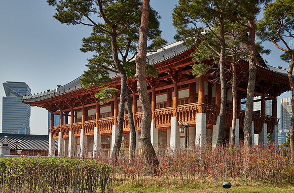 Traditional Korean style hanok architecture at Central Park in Songdo International Business District