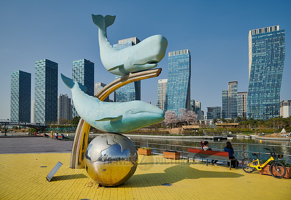 whale figures in Central Park of Songdo International Business District