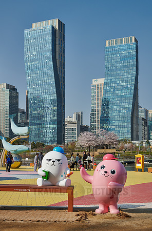 oversized colorful toy figures in Central Park in Songdo International Business District|