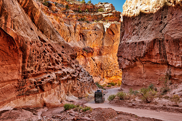 camper on gravel road thru Capitol Reef National Park