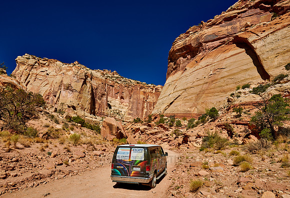 camper on gravel road thru Capitol Reef National Park