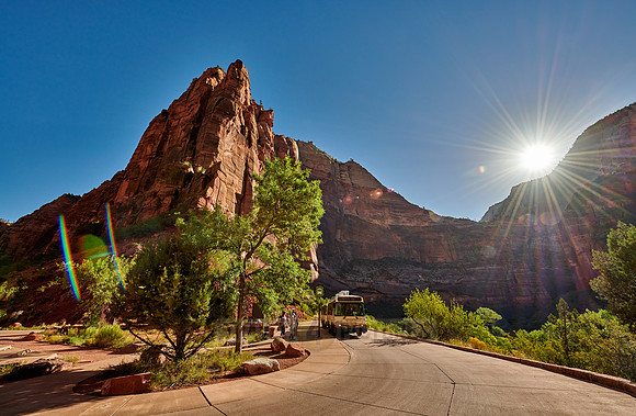 bus driving thru Zion National Park