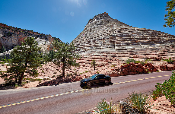 car on road in front of Checkerboard Mesa, Zion National Park