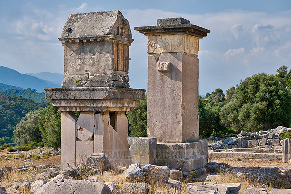 Sarcophagus and Harpy Pillar in ruins of ancient city Xanthos