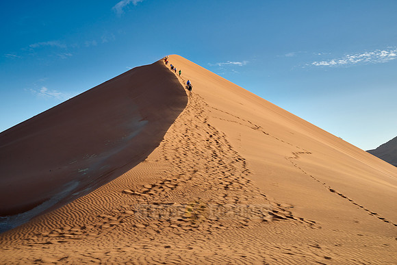 group of people climbing up sand dune of Namib desert