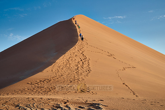 group of people climbing up sand dune of Namib desert