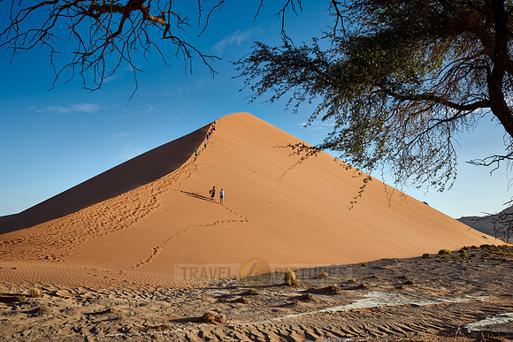 group of people climbing up sand dune of Namib desert