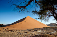 group of people climbing up sand dune of Namib desert
