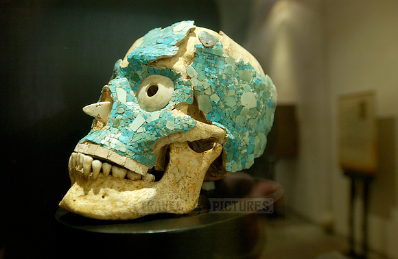 Human skull with turquoise mosaic