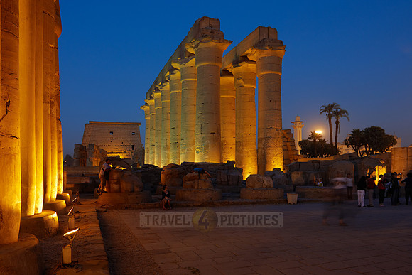 night shot of colonnade inside Temple of Luxor