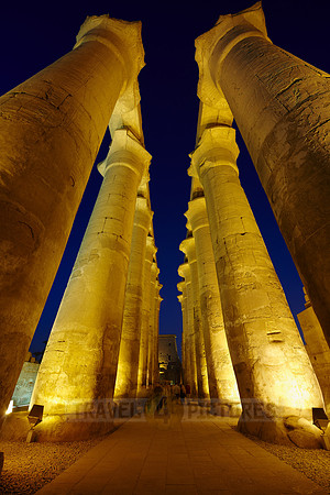 night shot of colonnade inside Temple of Luxor