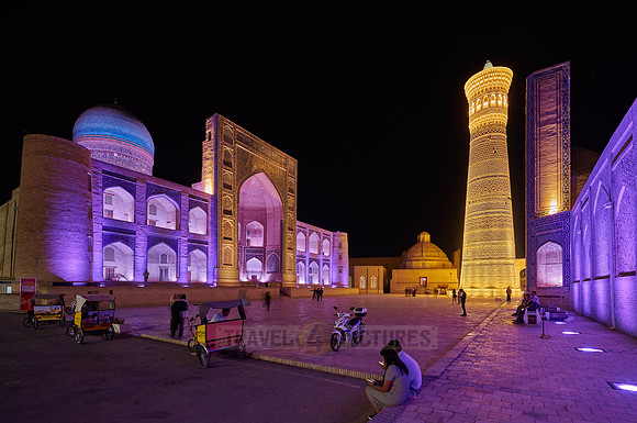 colorful illuminated ensemble of Mir-i Arab-Madressa Kalyan-Mosque and minaret