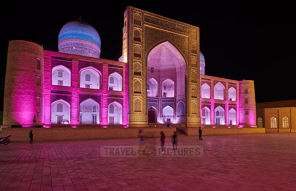 colorful illuminated ensemble of Mir-i Arab-Madressa Kalyan-Mosque and minaret