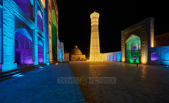 colorful illuminated ensemble of Mir-i Arab-Madressa Kalyan-Mosque and minaret