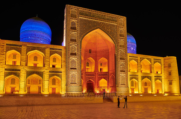 colorful illuminated ensemble of Mir-i Arab-Madressa Kalyan-Mosque and minaret