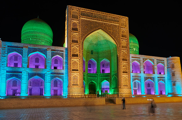 colorful illuminated ensemble of Mir-i Arab-Madressa Kalyan-Mosque and minaret