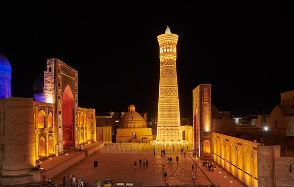 colorful illuminated ensemble of Mir-i Arab-Madressa Kalyan-Mosque and minaret