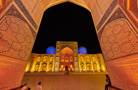 colorful illuminated ensemble of Mir-i Arab-Madressa Kalyan-Mosque and minaret