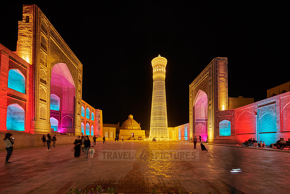 colorful illuminated ensemble of Mir-i Arab-Madressa Kalyan-Mosque and minaret