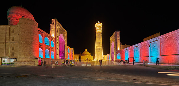 colorful illuminated ensemble of Mir-i Arab-Madressa Kalyan-Mosque and minaret