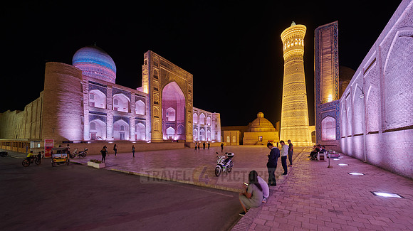 colorful illuminated ensemble of Mir-i Arab-Madressa Kalyan-Mosque and minaret