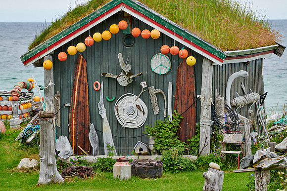 with whale bones and buoys decorated hut