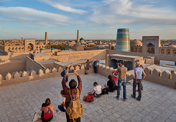 Panorama of ancient city of Khiva during sunset