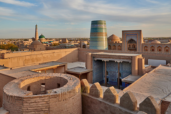 Panorama of ancient city of Khiva during sunset