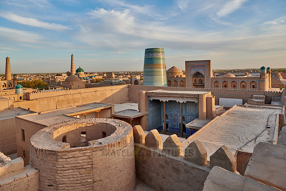 Panorama of ancient city of Khiva during sunset
