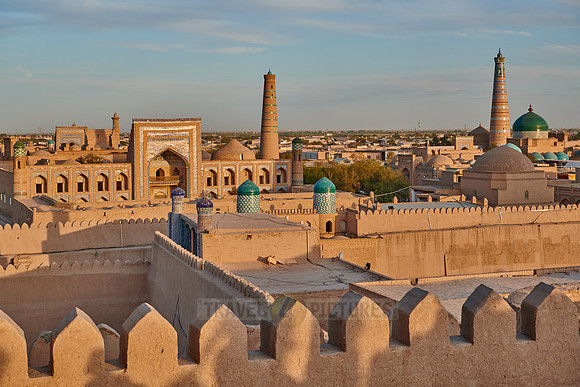 Panorama of ancient city of Khiva during sunset