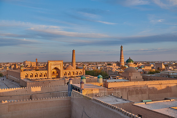 Panorama of ancient city of Khiva during sunset