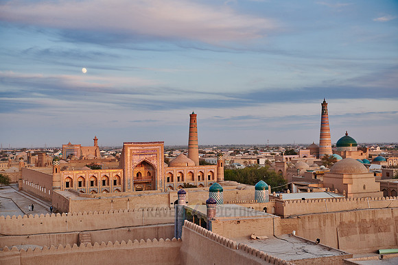Panorama of ancient city of Khiva during sunset