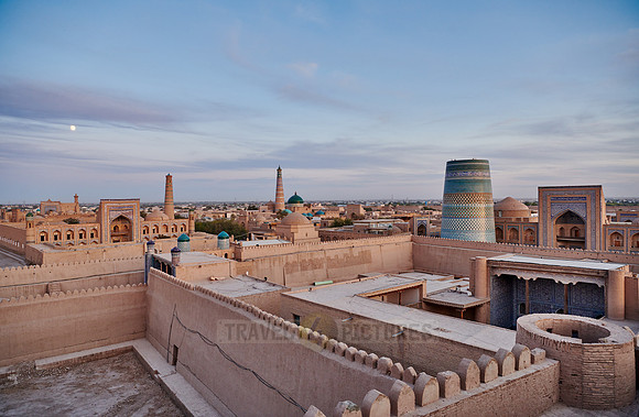 Panorama of ancient city of Khiva during sunset