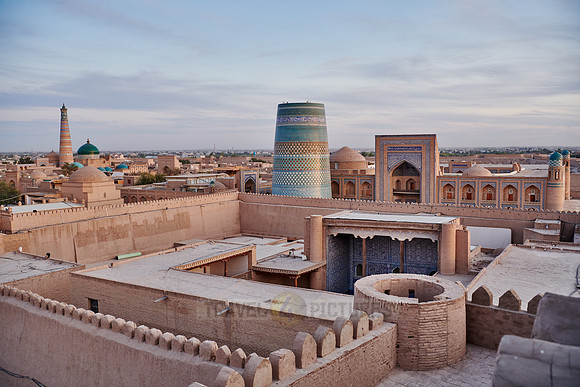 Panorama of ancient city of Khiva during sunset