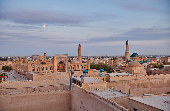 Panorama of ancient city of Khiva during sunset