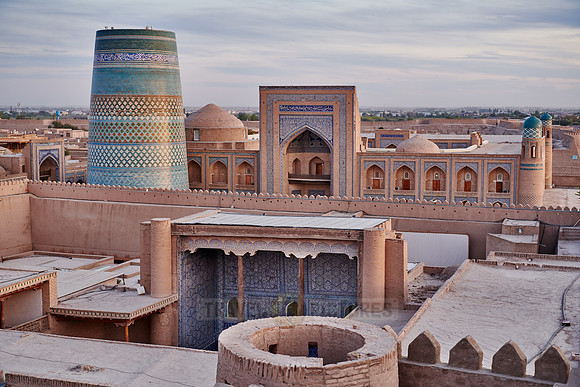 Panorama of ancient city of Khiva during sunset